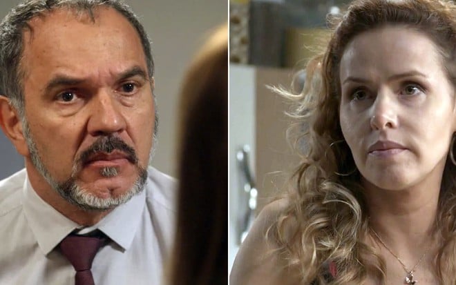 Montagem com Germano (Humberto Martins) e Gilda (Leona Cavalli) em cenas de Totalmente Demais