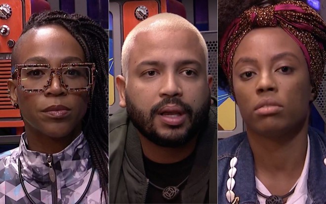 Os participantes do BBB21 Karol Conká (à esquerda), Projota (ao centro) e Lumena Aleluia (à direita) no BBB21, na noite de domingo (7)