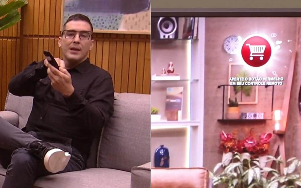 Montagem de fotos com o apresentador André Marques sentado no sofá do É de Casa e imagem de smart TV