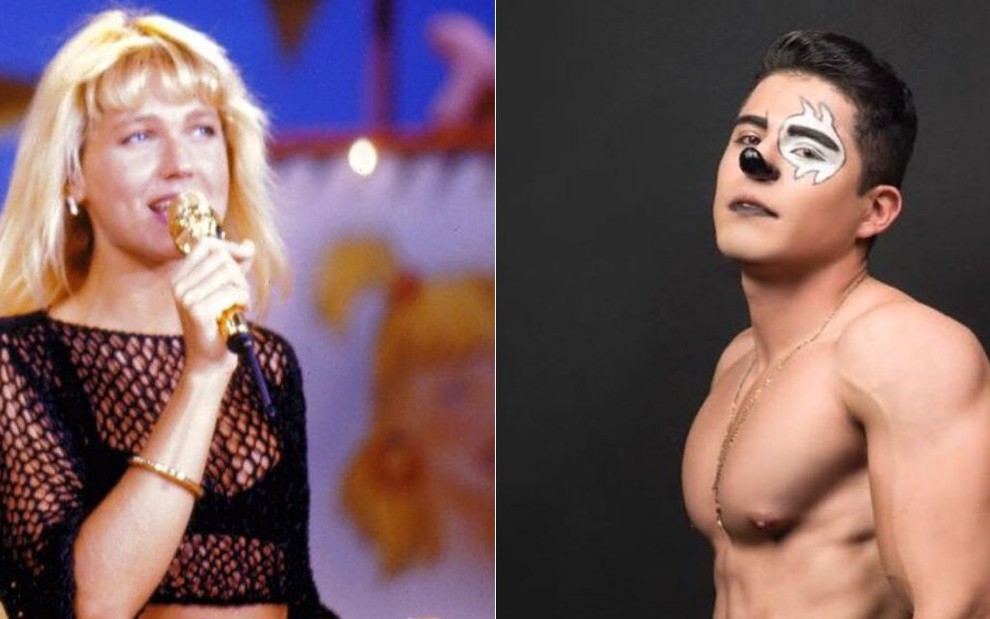 Xuxa Meneghel usa blusa de tela preta no programa Xuxa, da Globo, e Jaime Medina caracterizado como o palhaço Alpha, sem camisa