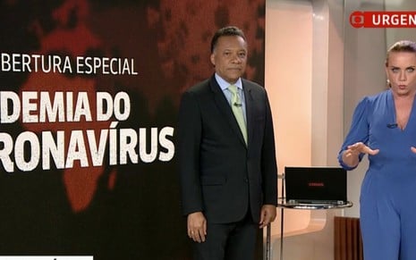Heraldo Pereira e Leilane Neubarth no estúdio da GloboNews, em um especial sobre a pandemia do coronavírus
