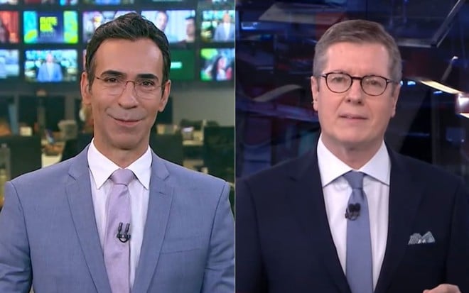 Montagem de fotos com César Tralli no comando do Edição das 18h, e Márcio Gomes no CNN Prime Time