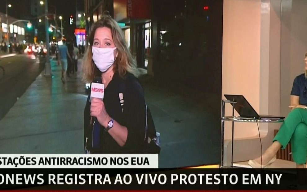 Imagem de Leila Sterenberg conversando com Carolina Cimenti na GloboNews durante protestos na madrugada