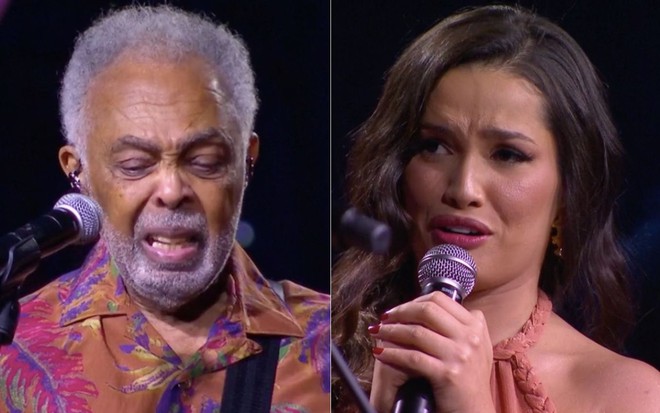 Montagem de foto com o cantor Gilberto Gil e Juliette Freire na live Arraial do Gil, do Globoplay