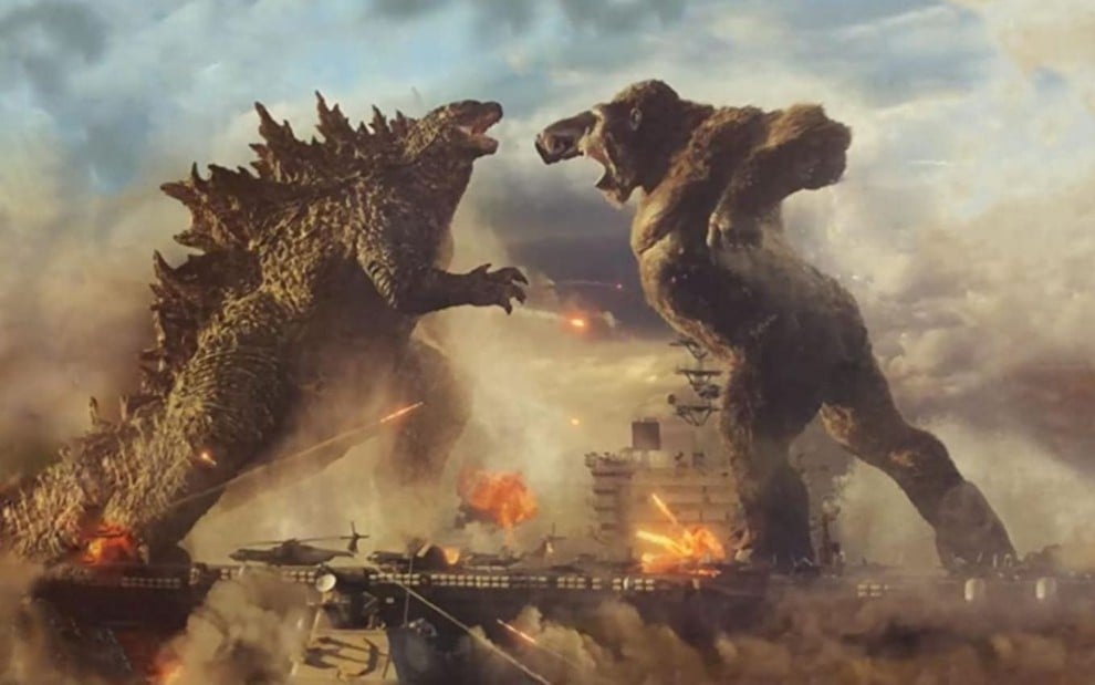 Godzilla lutando contra o King Kong em cena de filme Godzilla vs. Kong