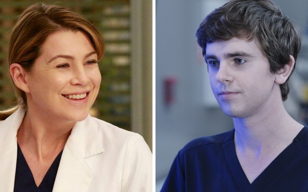 De jaleco branco, Ellen Pompeo sorri em Grey's Anatomy, enquanto que Freddie Highmore fecha a cara em The Good Doctor