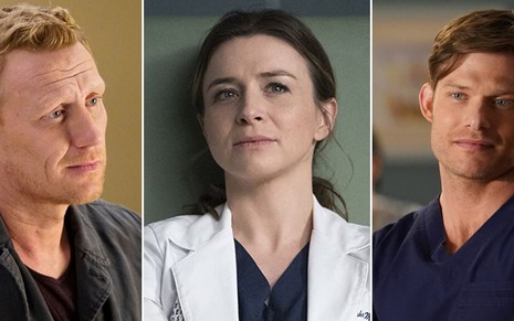 O ruivo Kevin McKidd olha de lado para uma pensativa Caterina Scorsone e o loiro Chris Carmack solta um charme em Grey's Anatomy