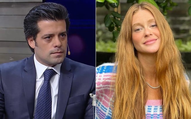 Guilherme Mussi com terno e gravata durante uma entrevista em montagem com Marina Ruy Barbosa sorrindo em campo aberto