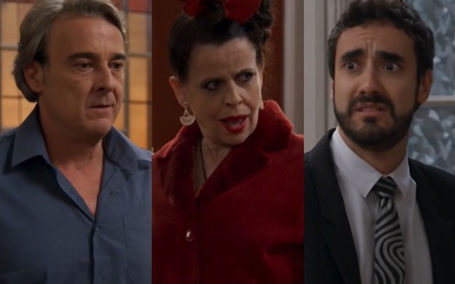 Montagem com os personagens Aparício (Alexandre Borges), Safira (Cristina Pereira) e Leozinho (Gabriel Godoy) em Haja Coração