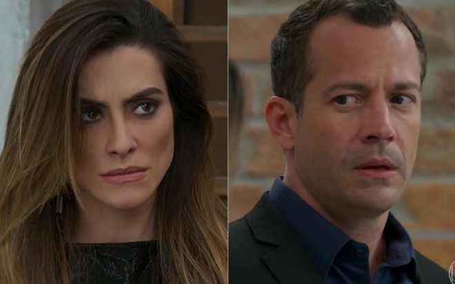 Montagem com Cleo e Malvino Salvador, ambos com expressões sérias, em cena como Tamara e Apolo de Haja Coração