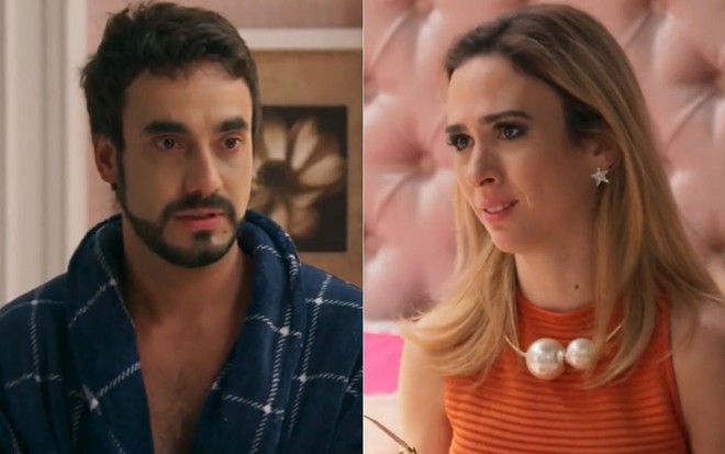 Montagem com o ator Gabriel Godoy (Leozinho) e Tatá Werneck (Fedora) caracterizados como os personagens de Haja Coração