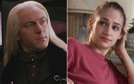 Com um cabelo liso e branco, Jason Isaacs aparece em filme de Harry Potter; com camiseta rosa, Jemima Kirke surge em Girls