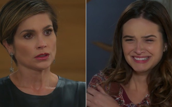 Montagem das atrizes Flávia Alessandra (séria) e Juliana Paiva (chorando) em cenas como Helena e Luna/Fiona de Salve-se Quem Puder