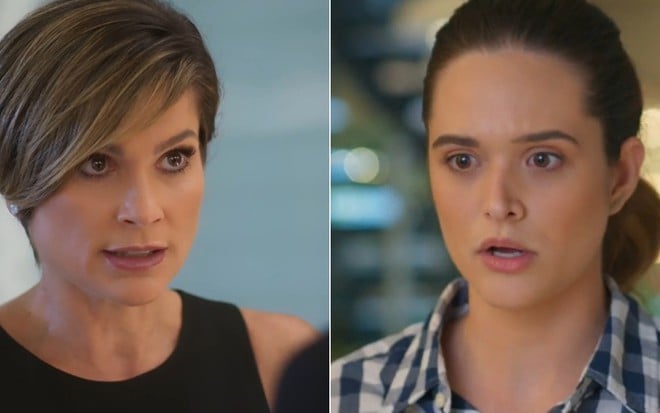 Montagem das atrizes Flávia Alessandra e Juliana Paiva em cena como Helena e Luna/Fiona de Salve-se Quem Puder