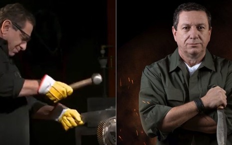 Montagem com dois momentos do cuteleiro Ricardo Vilar: à esquerda, ele testa uma faca; à direita, posa maquiado para foto de divulgação