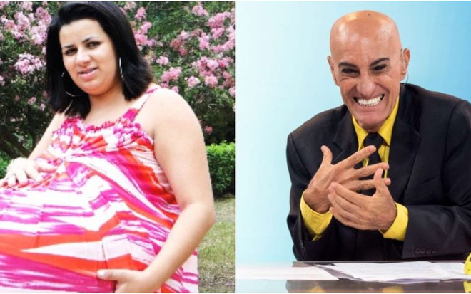 Maria Verônica, a grávida de Taubaté, com sua enorme barriga falsa, e Amin Khader sorri em participação no Balanço Geral