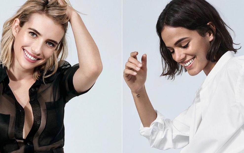 As atrizes Emma Roberts (à esquerda) e Bruna Marquezine (à direita) em fotos de campanha publicitária de marca de perfume