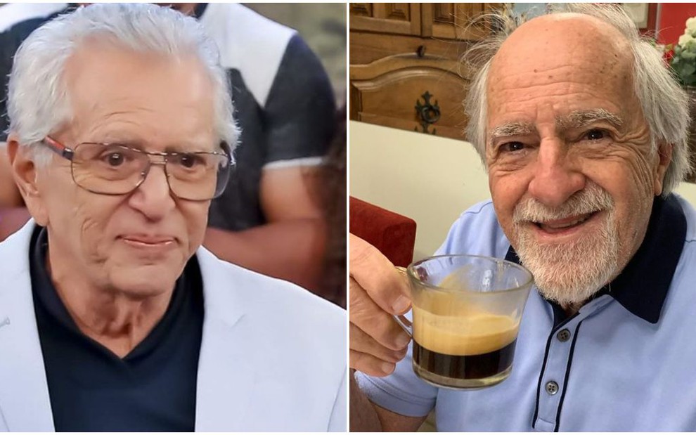 Carlos Alberto de Nóbrega com expressão de tristeza, choro, e Ary Fontoura sorrindo ao segurar xícara de café