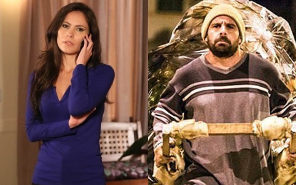 Os atores Ana Carolina Dias e Jonas Torres em cenas de Império; ela falando ao celular e ele levando uma carroça com sucata