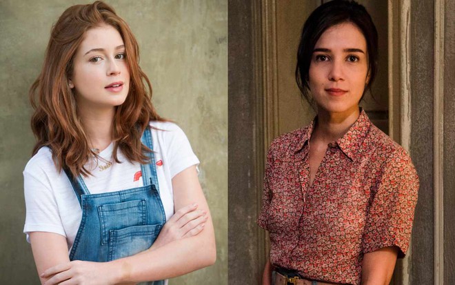 Montagem de Marina Ruy Barbosa e Marjorie Estiano caracterizadas como suas personagens em Império, posam para fotos