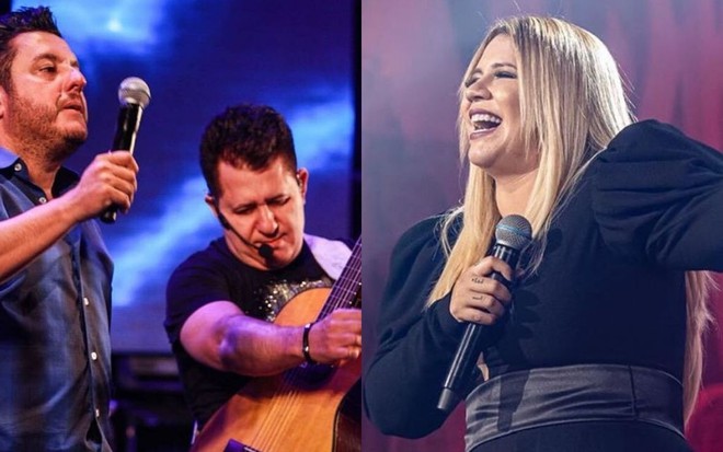 Montagem com Bruno e Marrone e Marília Mendonça; em ambas as fotos, os artistas estão em pé e cantando 
