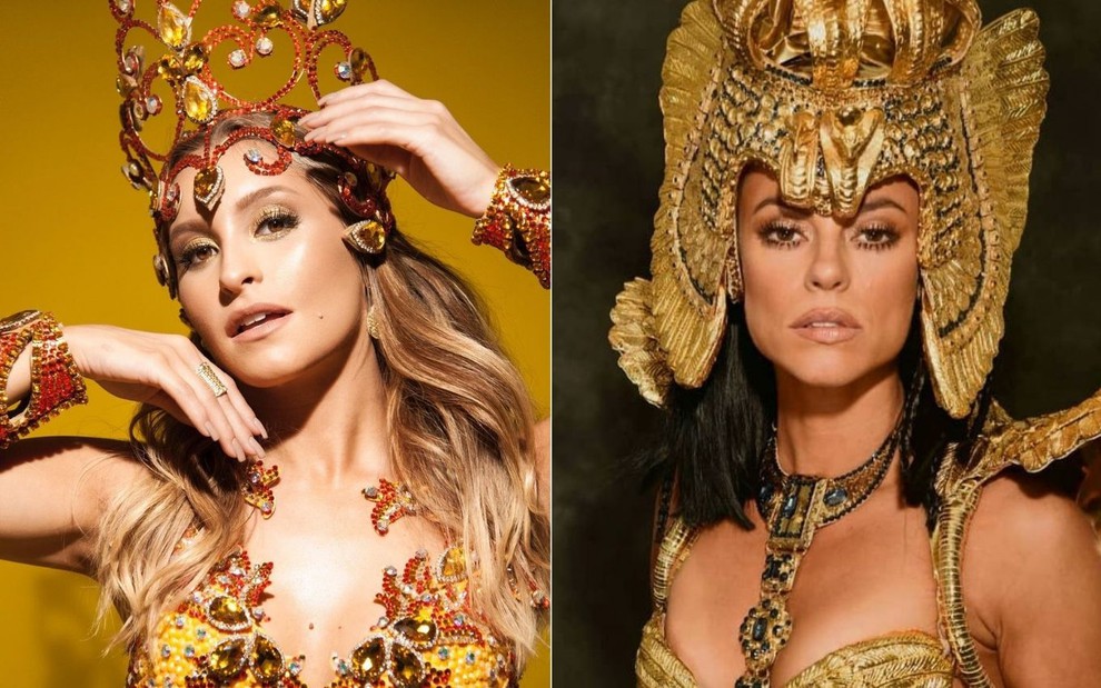 Montagem de fotos com as atrizes Carla Diaz (à esq.) e Paolla Oliveira (à direita) fantasiadas no Carnaval 2020