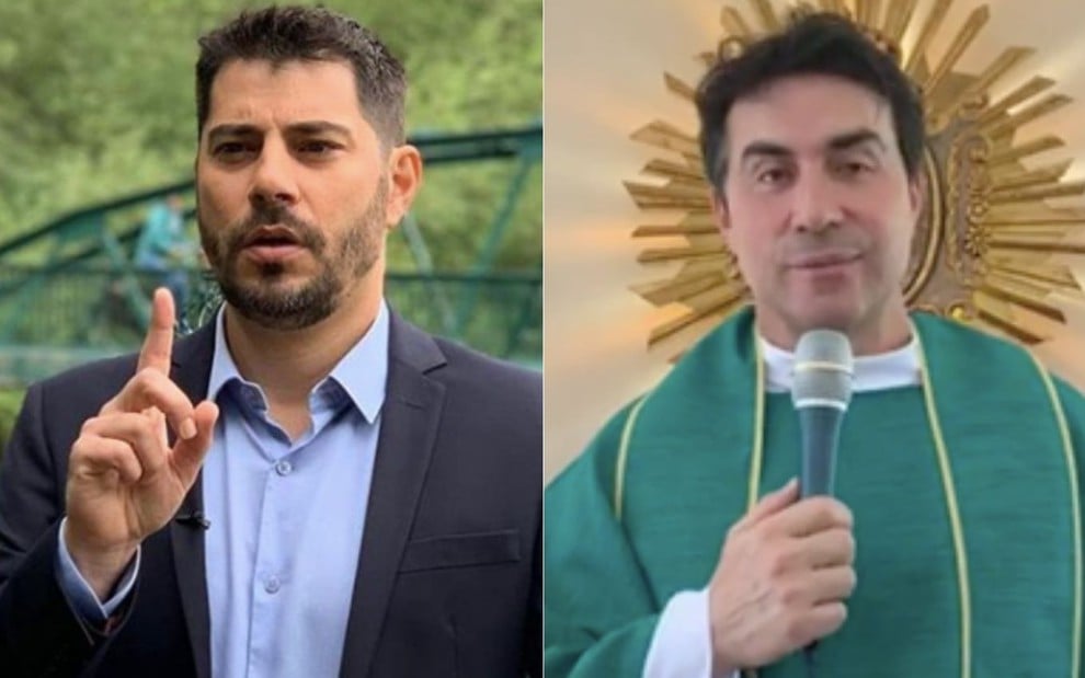 Montagem de fotos com o jornalista e apresentador da CNN Brasil Evaristo Costa (à esquerda) e o padre Fábio de Melo (à direita)