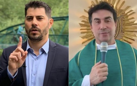 Montagem de fotos com o jornalista e apresentador da CNN Brasil Evaristo Costa (à esquerda) e o padre Fábio de Melo (à direita)