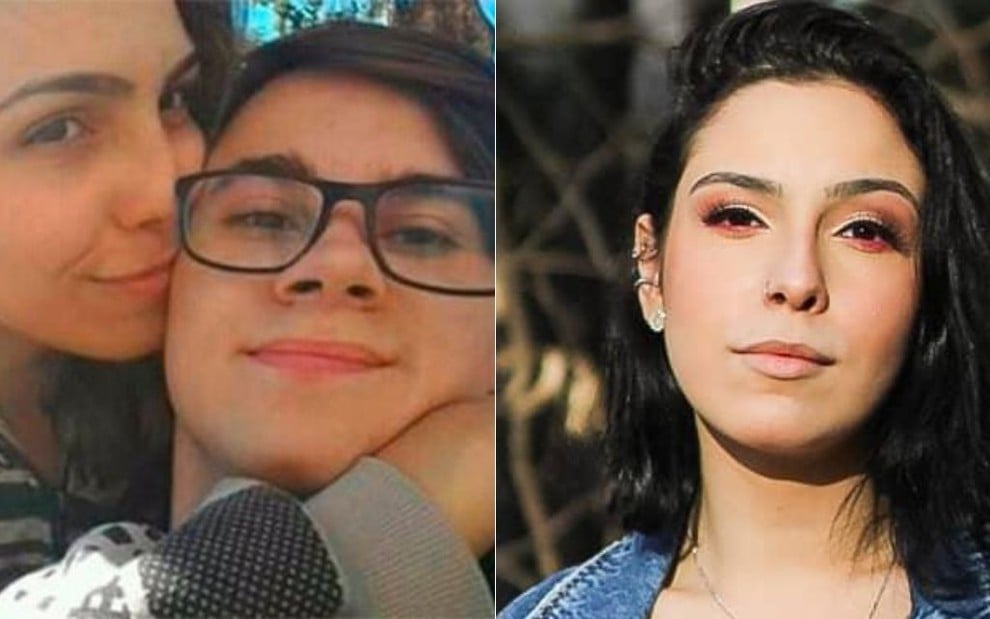 Montagem de fotos com Isabela Tibcherani abraçada a Rafael Miguel, no ano passado (à esquerda) e uma foto dela atualmente (à direita)