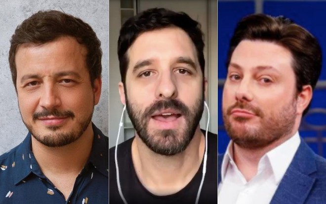Montagem de fotos com os humoristas e integrantes do extinto program CQC, da Band: Rafael Cortez (à esquerda), Rafinha Bastos (ao centro) e Danilo Gentili (à direita)