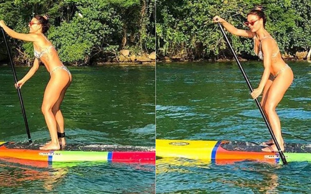Montagem de fotos da atriz Isis Valverde praticando stand up paddle em dezembro de 2019