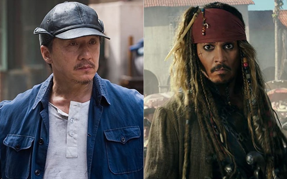 Montagem com os atores Jackie Chan em Karatê Kid (2010) e Johnny Depp em Piratas do Caribe - A Vingança de Salazar (2017)
