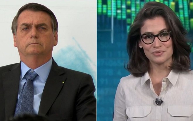 Montagem de fotos com o presidente Jair Bolsonaro e a âncora do Jornal Nacional, Renata Vasconcellos