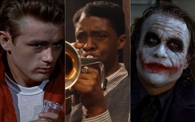 Montagem com cenas de James Dean em East Eden, Chadwick Boseman em A Voz suprema do Blues e Heath Ledger em Batman: O Cavaleiro das Trevas