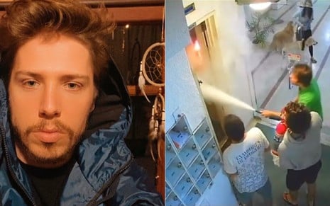 De um lado, Jefferson Schroeder de jaqueta azul; na outra, Jefferson Schroeder tentando apagar incêndio em elevador