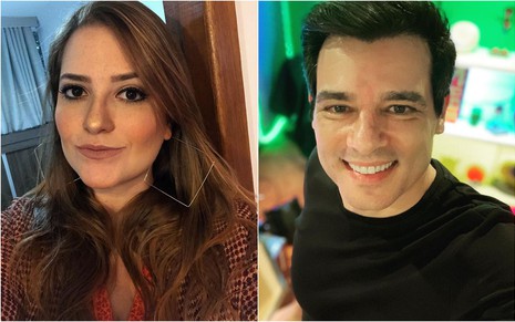 Na primeira foto: Jéssica posa para Selfie, está de cabelo (castanho) solto e jaqueta marrom; na segunda foto: Celso Portiolli sorri para a selfie e usa camiseta preta