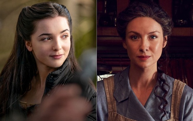 Montagem de foto das atrizes Jessica Reynolds e Caitriona Balfe como as personagens Malva Christie e Claire Fraser em Outlander