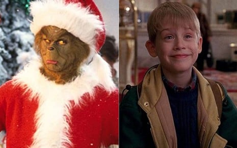 Montagem: Jim Carrey vestido de Papai Noel em O Grinch (2000) e Macaulay Culkin sorrindo em Esqueceram de Mim (1990)