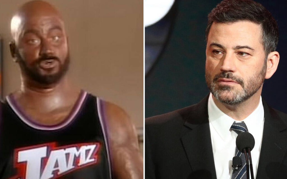 Careca e com a pele escurecida, o comediante Jimmy Kimmel aparece usando blackface para imitar o jogador de basquete Karl Malone