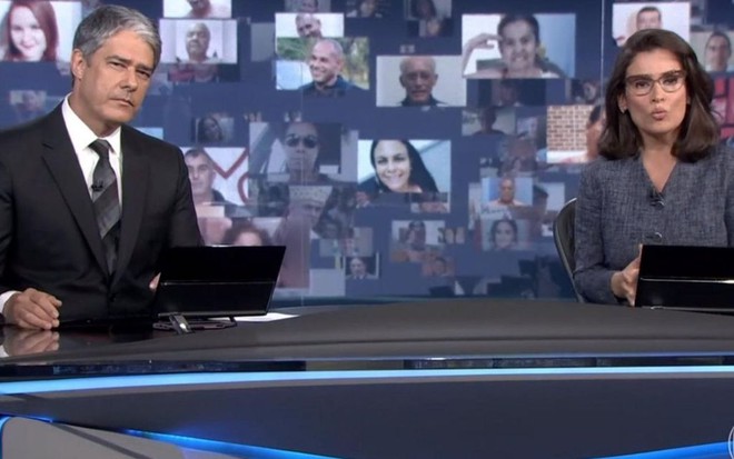 William Bonner e Renata Vasconcellos na bancada Jornal Nacional, da Globo, deste sábado (8)
