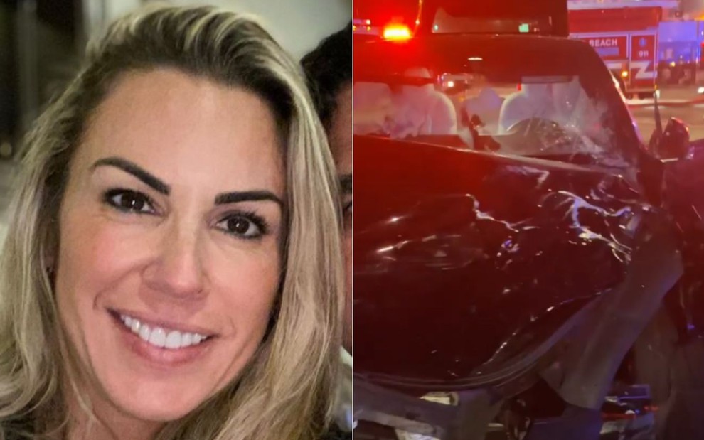 Montagem com rosto de Joana Prado ao lado de imagem de seu carro após acidente nos Estados Unidos
