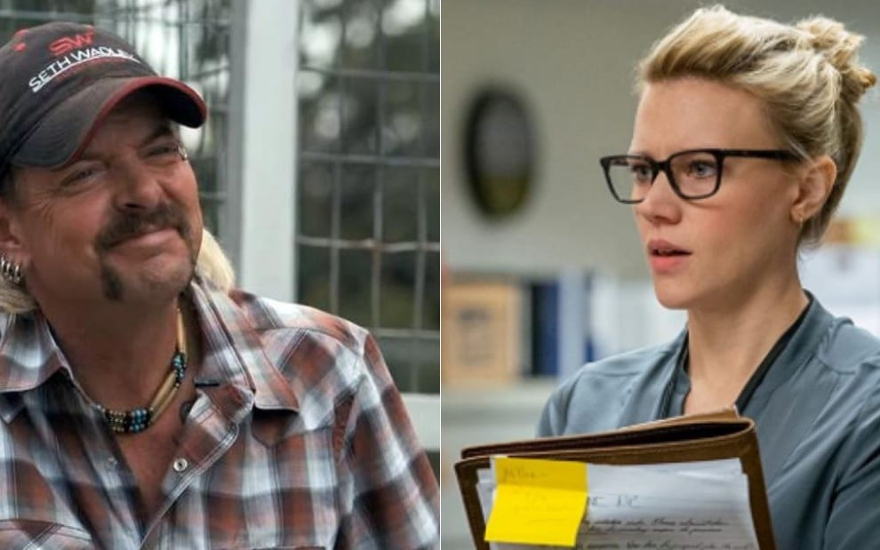 Joe Exotic em A Máfia dos Tigres (2020) e Kate McKinnon em cena de O Escândalo (2019)