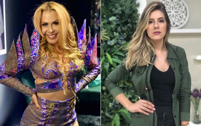 Joelma com figurino brilhante em show, e Taisa Pelosi com o rosto sério em um estúdio de TV