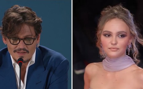 Imagem de Johnny Depp em entrevista coletiva e Lily-Rose Depp no tapete vermelho em lançamento de filme