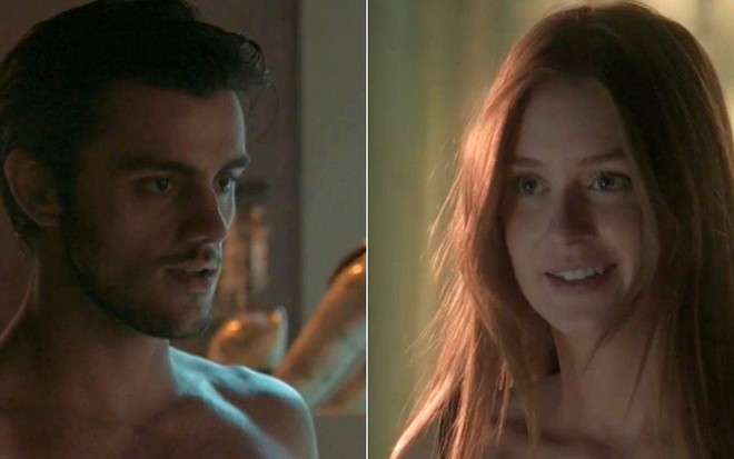 Montagem com Felipe Simas (Jonatas) e Marina Ruy Barbosa (Eliza) sorridentes em cena de Totalmente Demais