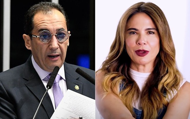 Montagem de fotos com Jorge Kajuru no senado e Luciana Gimenez em vídeo no YouTube