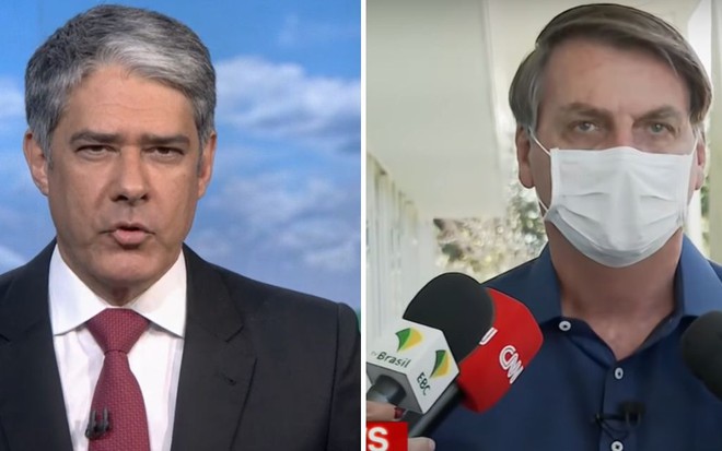 William Bonner fazendo biquinho na bancada do Jornal Nacional e Jair Bolsonaro com cara de desespero