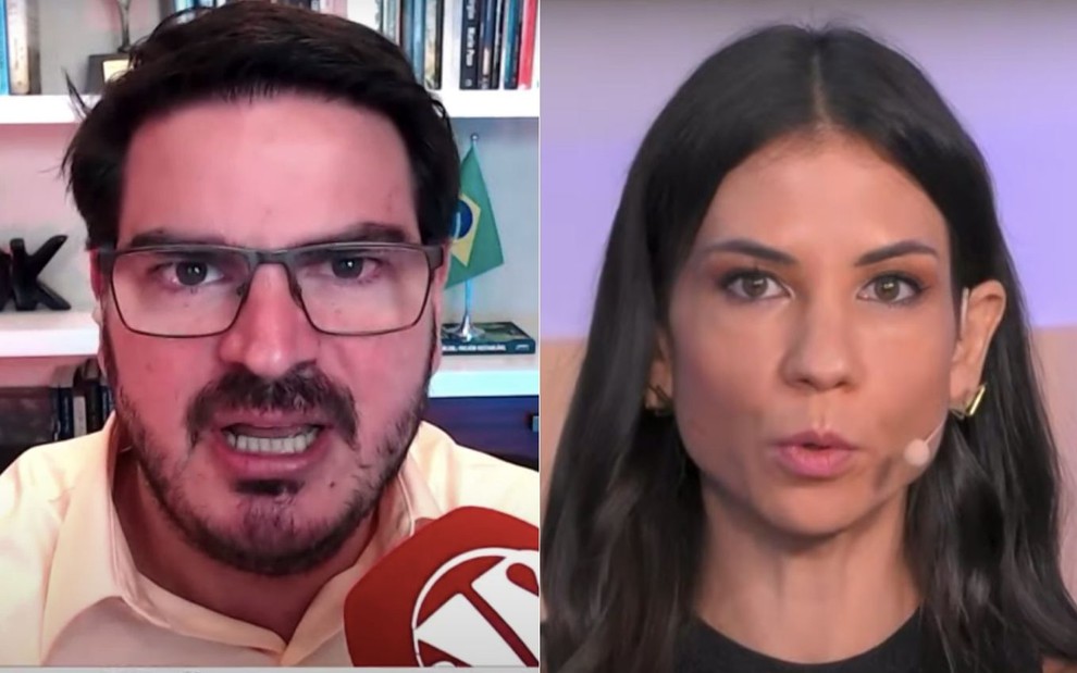 O comentarista político Rodrigo Constantino (à esquerda) e a jornalista e comentarista política Amanda Klein (à dir.) no 3 em 1, da Jovem Pan