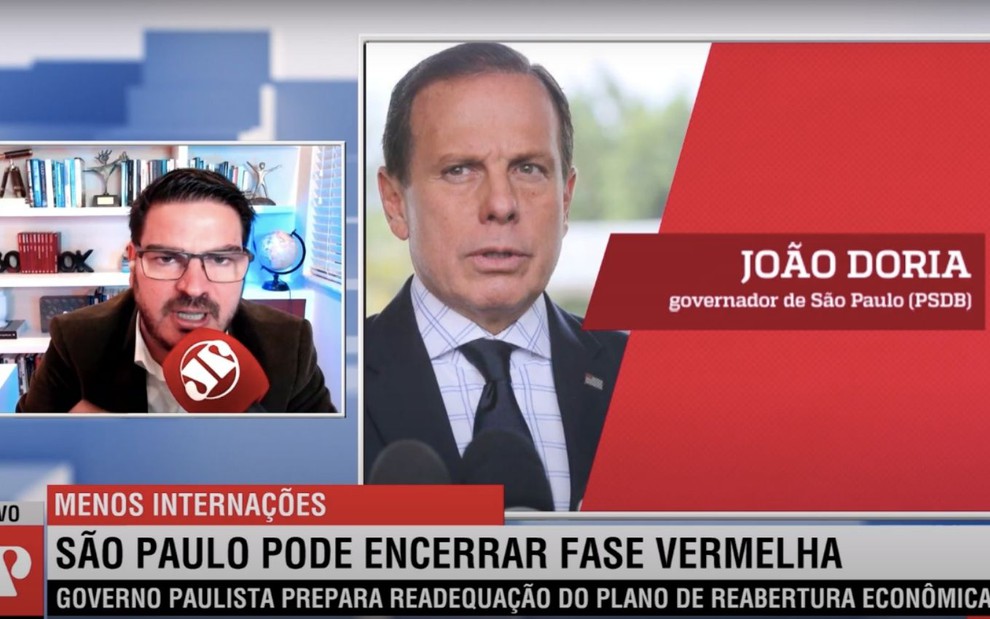 O jornalista e comentarista político Rodrigo Constantino durante entrevista com o governador João Doria, por telefone, na Jovem Pan, durante o Jornal da Manhã nesta terça-feira (2)