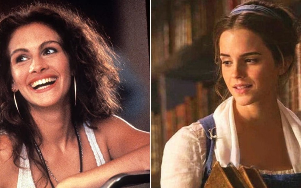 Montagem com as atrizes Julia Roberts em Uma Linda Mulher (1990) e Emma Watson em A Bela e a Fera (2017)